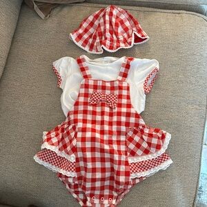 WORN ONCE! Mayoral 3 piece set. Shirt, romper and hat. 12 months